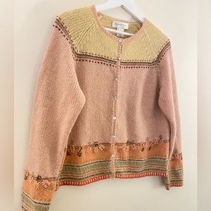 Vintage Pink and Tan Fuzzy Knit Floral and Striped Embroidered Cardigan